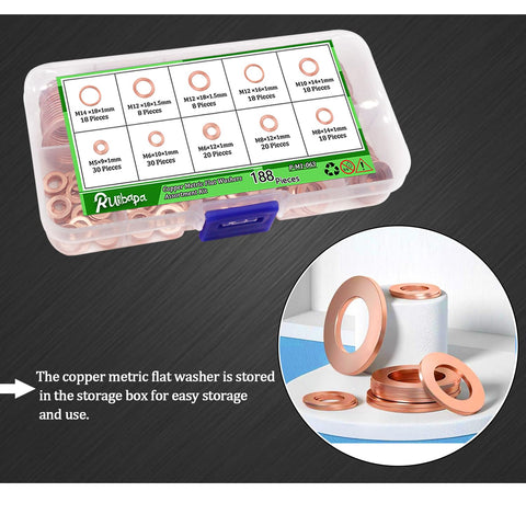 Copper Crush Washer Set 188 PC Oil Drain Plug Sealing Washers Kit In 9 Sizes M5 M6 M8 M10 M12 M14 with storage box
