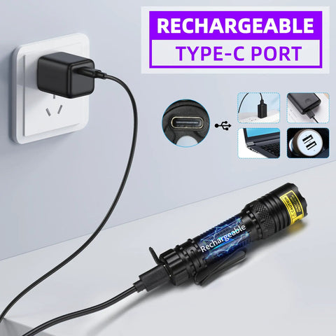Mini 395nm UV Flashlight With USB C Rechargeable Black Light Beast Mode shown charging with USB-C cable