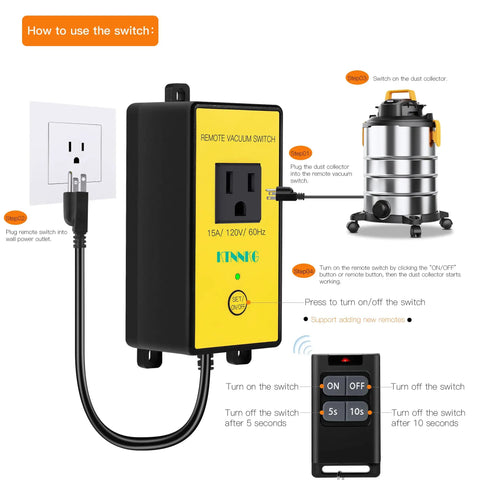 Kickstart Your Shop Setup With This Wireless Remote Automatic Vacuum Switch For 120V Dust Collectors Featuring Auto Power On Off Outlet Dual Remotes And Smart 5 To 10 Second Timer, showing installation steps.
