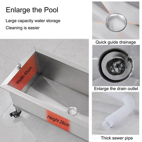 Mop And Broom Holder With Wheels For A Grab And Go Cleaning Cart with stainless steel tray, quick guide drainage and thick sewer pipe.
