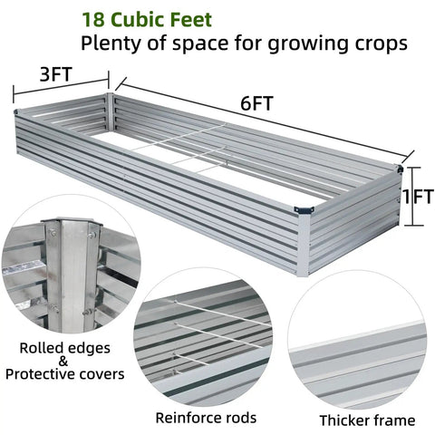 Two Pack 6x3x1 Foot Galvanized Raised Garden Bed Kit For Outdoor Veggies, Bottomless Rectangular Metal Planter Box With Sturdy Support Rods