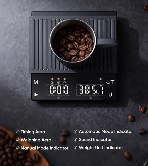 Rechargeable Coffee Scale With Timer, Mini 2kg Capacity, 0.1g Precision For Espresso And Pour Over Brews, displaying coffee beans in cup.