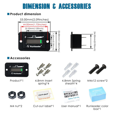 Runleader Lead Acid Battery Monitor DC 36V dimensions and accessories including installation items and specifications.