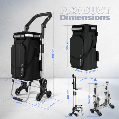 Foldable Grocery Cart On Wheels With Waterproof 88 Lb Capacity showing dimensions and folding mechanism with six-wheel design