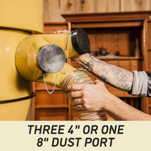 Cyclone Dust Collector With 1 Micron HEPA Filter showing flexible dust port options in workshop setting