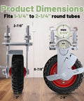 Six Inch Heavy Duty Tube Gate Wheel With Brake Red Galvanized Steel Caster Built Tough To Carry 450 Pounds Rides Smooth As Silk With Dead Tight Foot Brake dimensions illustration on wood floor.
