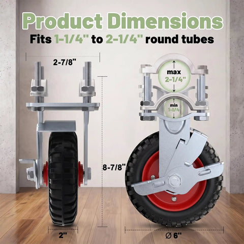 Six Inch Heavy Duty Tube Gate Wheel With Brake Red Galvanized Steel Caster Built Tough To Carry 450 Pounds Rides Smooth As Silk With Dead Tight Foot Brake dimensions illustration on wood floor.