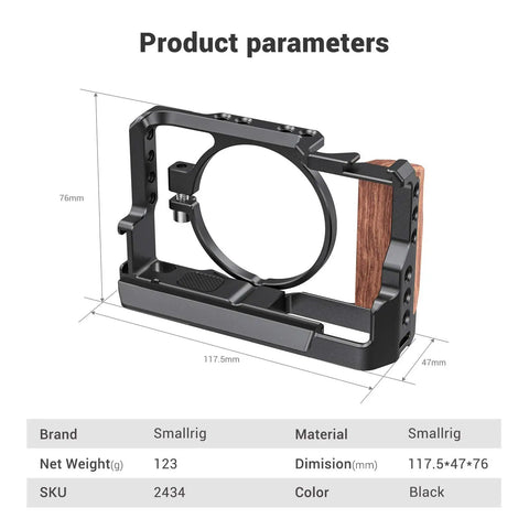 Vlog Camera Cage For Sony RX100 VI And RX100 VII With Removable Wooden Side Grip, product parameters and dimensions