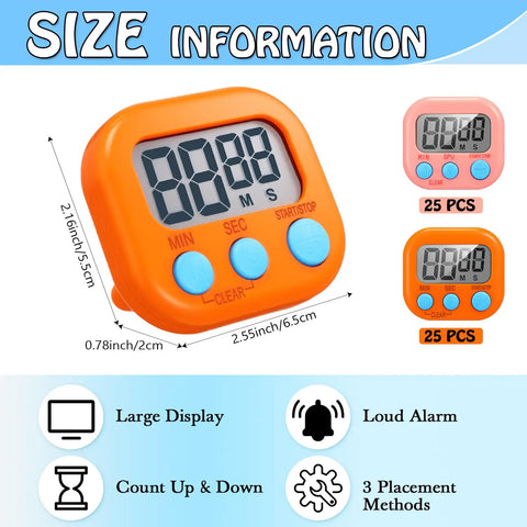 Bulk Pack Magnetic Digital Kitchen Timers With Big Digits For Kitchen Classroom Office And Sports 99 Min 59 Sec Alarm Assorted Pink And Orange 50 Count Battery Not Included, showing size details.