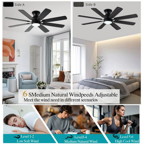52 Inch Flush Mount Ceiling Fan With Light Easy Remote Or App Control Eight Blades Noiseless DC Motor Low Profile Indoor Outdoor Black Finish For Bedroom Living Room