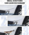 Illustration of car scratches progressing from light marks to corrosion near wheel arch.