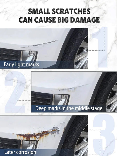 Illustration of car scratches progressing from light marks to corrosion near wheel arch.