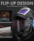 Flip Up Auto Darkening Welding Helmet With Large View Digital True Color Lens 4 Arc Sensors Wide Shade Range For TIG MIG ARC Cut And Grind Ergonomic Flip Up Design showing schematic features and usage benefits.