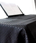 Universal Piano Keyboard Dust Cover For 61 To 88 Keys Lightweight Adjustable Closure Protective Cloth For Digital And Electric Pianos Ebony Black L Size Fits Most Keyboards Up To 67 Inches, covering keyboard with music stand visible, checkered pattern