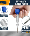 Hand holding an automatic center punch with blue cap, anti-slip handle, made of S2 steel, part of Automatic Center Punch Set With Three Heavy Duty Spring Loaded Punch Tools For Metal Wood And Steel With Precision Tips Galvanized And Blackened Options Storage Box Ideal For DIY Workshop And Pros.