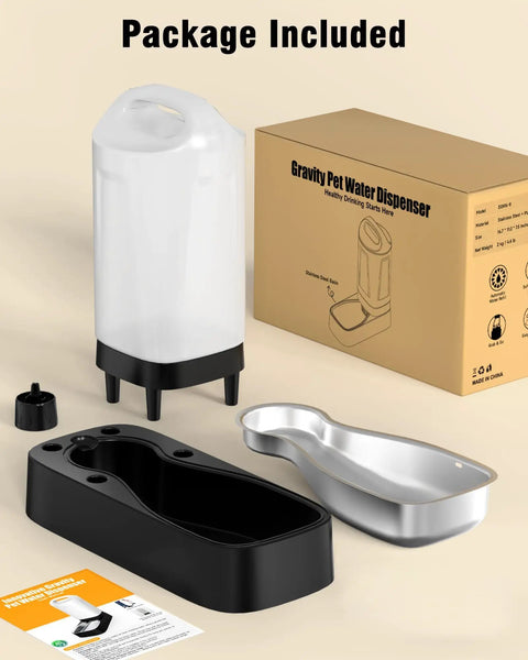 Components of 2.4 Gallon Stainless Steel Gravity Dog Water Dispenser With Ergonomic Handle Anti Splash Drinking Bowl No Filter Easy To Clean Multi Pet Hydration Station For Busy Pet Folks And Large Homes displayed.