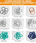 Oil Drain Plug Gasket And Washer Set 200 Pcs In 18 Sizes For Toyota Subaru Chevrolet in various colors and sizes in compartments.