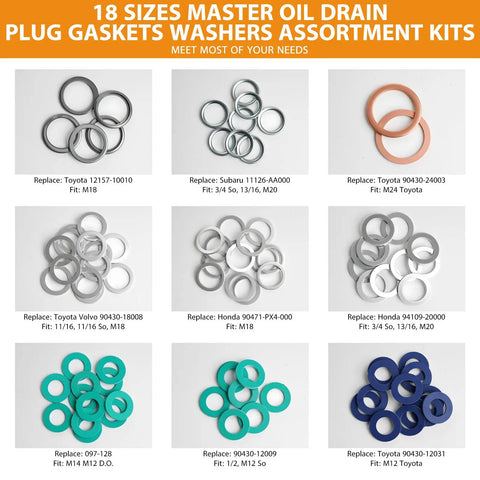 Oil Drain Plug Gasket And Washer Set 200 Pcs In 18 Sizes For Toyota Subaru Chevrolet in various colors and sizes in compartments.