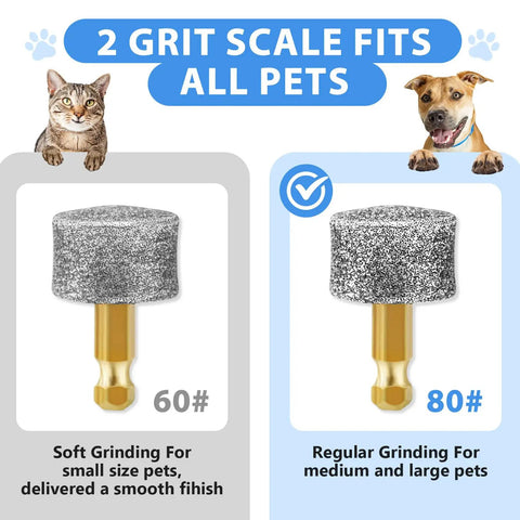Six Pack Premium Diamond Dog Nail Grinder Heads Set For Smooth Quiet Nail Trims with grit sizes 60# and 80# shown for all pets.
