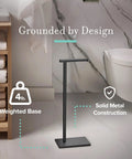 Modern Square Base Toilet Paper Holder Stand In Matte Black No Drill Install Free Weighted And Padded Base For Stable Rust Resistant Metal Bathroom Accessory 22.25 Inch Tall in bathroom setting