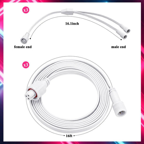 Heavy Duty All Season Extension Cable Set 6 Pack Featuring Three Y Branch Plugs And Three Sixteen Foot White Leads Plug And Play Ready For Govee H705 H706 Pro Outdoor Light Installations with 16-inch and 16-foot leads