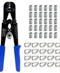 Wire Rope Crimping Tool Kit With Built In Cutter And Swaging Tool Pro Grade Crimp Loop Sleeve From 3 64 Inch To 1 8 Inch For Aluminum Oval Sleeves And Double Sleeves Heavy Duty Rigging And Fishing Crimping Set, crimping tool, sleeves, and thimbles shown.