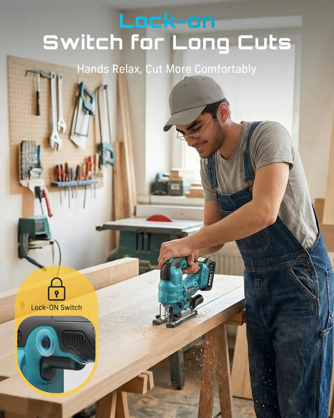 Badass Brushless Cordless Jigsaw Featuring Dual Four Ah Batteries And Rock Solid Variable Speed Settings For Lightning Fast Precision Cuts On Wood And Steel Projects in workshop during use.
