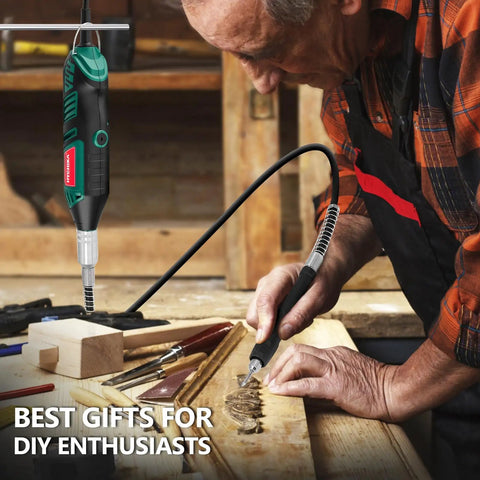 Do-It-All 180W Rotary Tool Kit With Flex Shaft in use for wood carving in workshop
