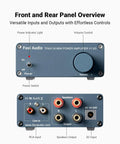 V1.0G 2 Channel Class D Mini Stereo Amplifier front and rear panel overview, RCA input, volume control, power switch.