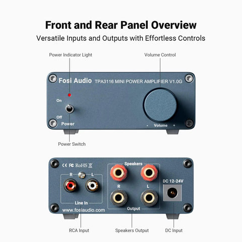 V1.0G 2 Channel Class D Mini Stereo Amplifier front and rear panel overview, RCA input, volume control, power switch.