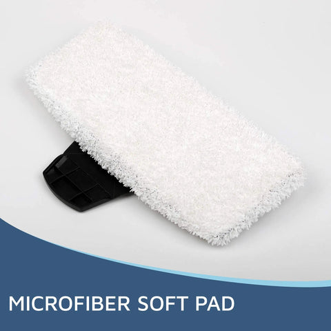 Microfiber soft pad for steam mop, part of Steam Mop Pads For Bissell PowerFresh Vac And Steam Series 6 Pack Compatible With 2747A 1132 1543 1632 1652 Models Hard Floor Cleaning Pads With Soft Pad And Scrubby Pad For Light Jobs And Tough Messes; White rectangular pad with black attachment point
