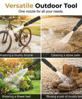 Adjustable High Pressure Washer Spray Gun cleaning bike, patio, flowers, boots; direct, shower, wide-angle modes shown