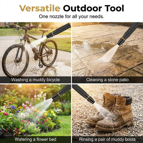 Adjustable High Pressure Washer Spray Gun cleaning bike, patio, flowers, boots; direct, shower, wide-angle modes shown