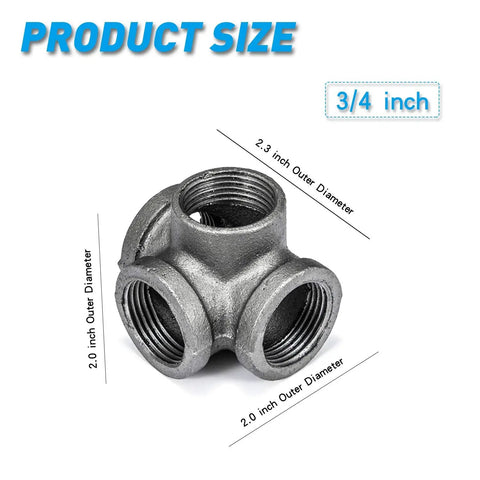 3/4 Inch 4-Way Side Outlet Tee Malleable Iron Pipe Fittings For Industrial Vintage Style Black Iron With Flange And Threaded Hole, Dope DIY Projects, Furniture Builds, And Shelving Decor