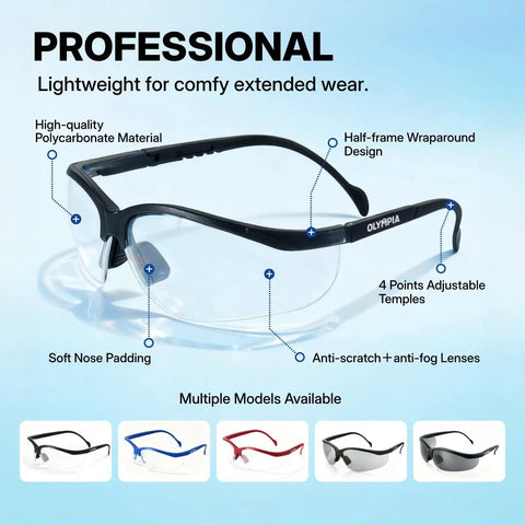 Real Deal ANSI Z87 Certified Safety Glasses Featuring Impact Resistant Anti Fog And Scratch Resistant Polycarbonate Lenses with adjustable temples.