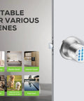 Keyless Entry Door Lock With No Hassle Setup And Two Point Five Second Auto Lock Lets You Run Up To 255 User Codes, shown on door