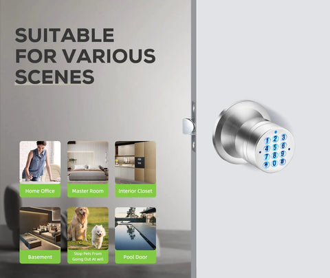 Keyless Entry Door Lock With No Hassle Setup And Two Point Five Second Auto Lock Lets You Run Up To 255 User Codes, shown on door