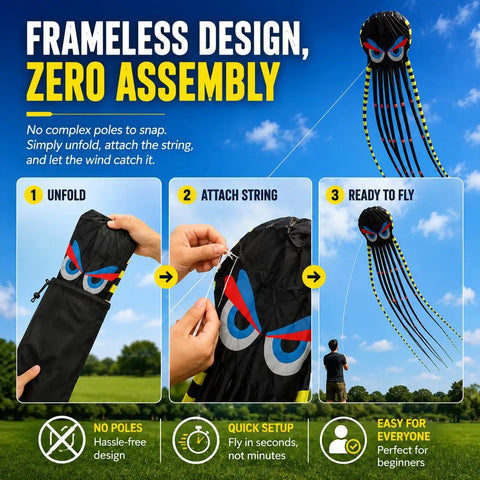 Giant 26 Foot 3D Octopus Kite With String In Blue Sky Foil Style For Easy Flying At The Beach A Jaw Dropping Ocean Creature Soaring High To Impress Kids And Adults Alike frameless design steps.