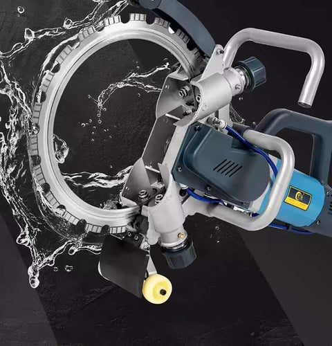 Kickass Heavy Duty Electric Ring Saw With Rolling Pulley Portable Wall Chaser Machine 8800W Motor 3000 RPM close-up view with water splash.