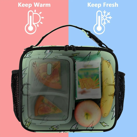 Lightning Bolt Green Insulated Lunch Bag With Shoulder Straps For Kids And Adults Office School And Travel Dope Portable Cooler That Keeps Your Eats Fresh Big Main Compartment Two Side Pockets Durable Easy To Clean, green insulated lunch bag with meal containers