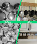 Before and after image of organized kitchen with pots and cups using 20 Pack Ceiling Hooks For Hanging Plants Two Point Nine Inch Screw In Hooks White Vinyl Coated Heavy Duty Indoor Outdoor Use Includes Plastic Hollow Pipes Ideal For Christmas Lights Cups Decor And Other Lightweight Items.