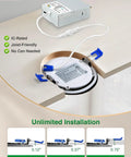 12 Pack 6 Inch Black LED Recessed Ceiling Lights With Junction Box, IC-rated installation steps shown on cutaway of ceiling