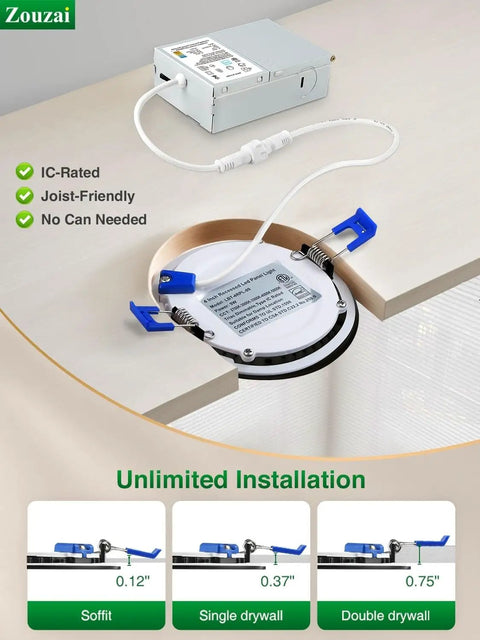 12 Pack 6 Inch Black LED Recessed Ceiling Lights With Junction Box, IC-rated installation steps shown on cutaway of ceiling