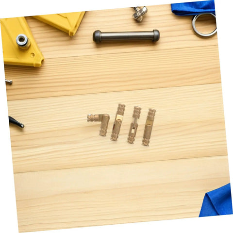 Brass Invisible Barrel Hinges For Jewelry Boxes, 25 pack shown on wooden surface with tools nearby