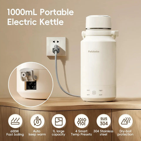 On The Go 1Liter Electric Kettle Portable Travel Kettle 304 Stainless Steel on countertop plugged into power outlet