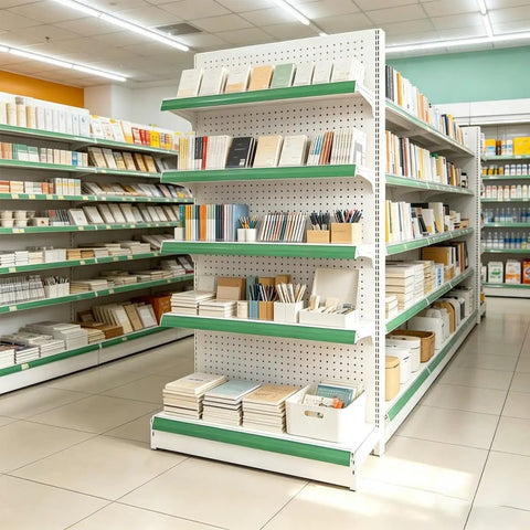 Heavy Duty Adjustable Gondola Shelving Unit Rock Solid Reinforced Steel Double Sided Retail Rack displays stationery products in a store aisle.