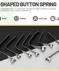21 Pieces Push Button Spring Clips Kit In 7 Sizes Stainless Steel V Shaped Tent Pole Clips on black background