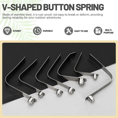 21 Pieces Push Button Spring Clips Kit In 7 Sizes Stainless Steel V Shaped Tent Pole Clips on black background