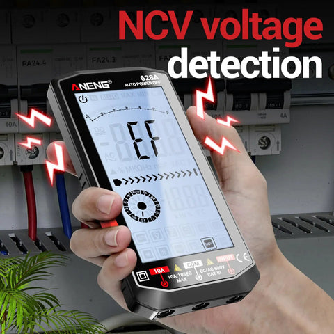 Person using Rechargeable Digital Multimeter With Large Backlit Display And Auto Ranging For AC DC Voltage Current Resistance Capacitance Temperature Frequency NCV Diode And Continuity Testing TRMS 6000 Counts Type C Charging Go To DIY Essential for NCV voltage detection
