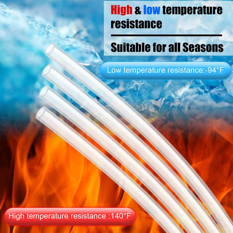 100 Ft White Translucent Polyethylene Tubing Food Grade Water And Beverage Hose For Pumps DIY Homebrew And Beer Brewing Projects 1/2 In OD, 3/8 In ID, 1/16 In Wall shown against fire and ice background illustrating temperature resistance